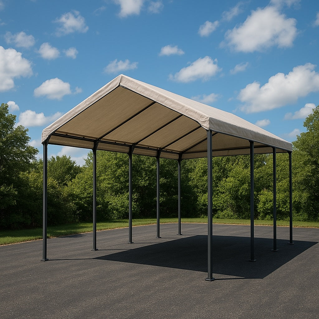 Carport with heavy-duty asphalt anchors for permanent installation