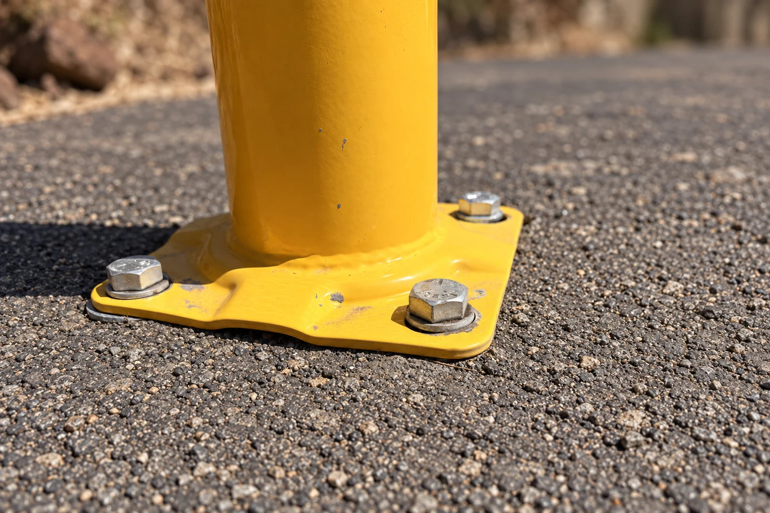 Installed yellow bollard with three visible silver bolts and washers securing its baseplate to asphalt