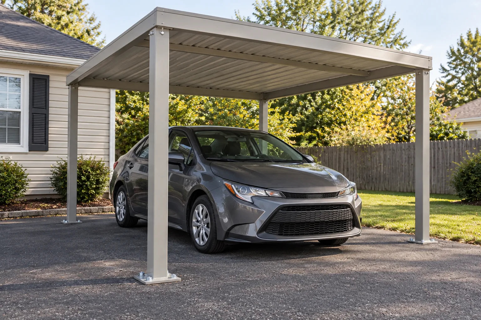 Steel carport post secured to asphalt with four visible anchor bolts