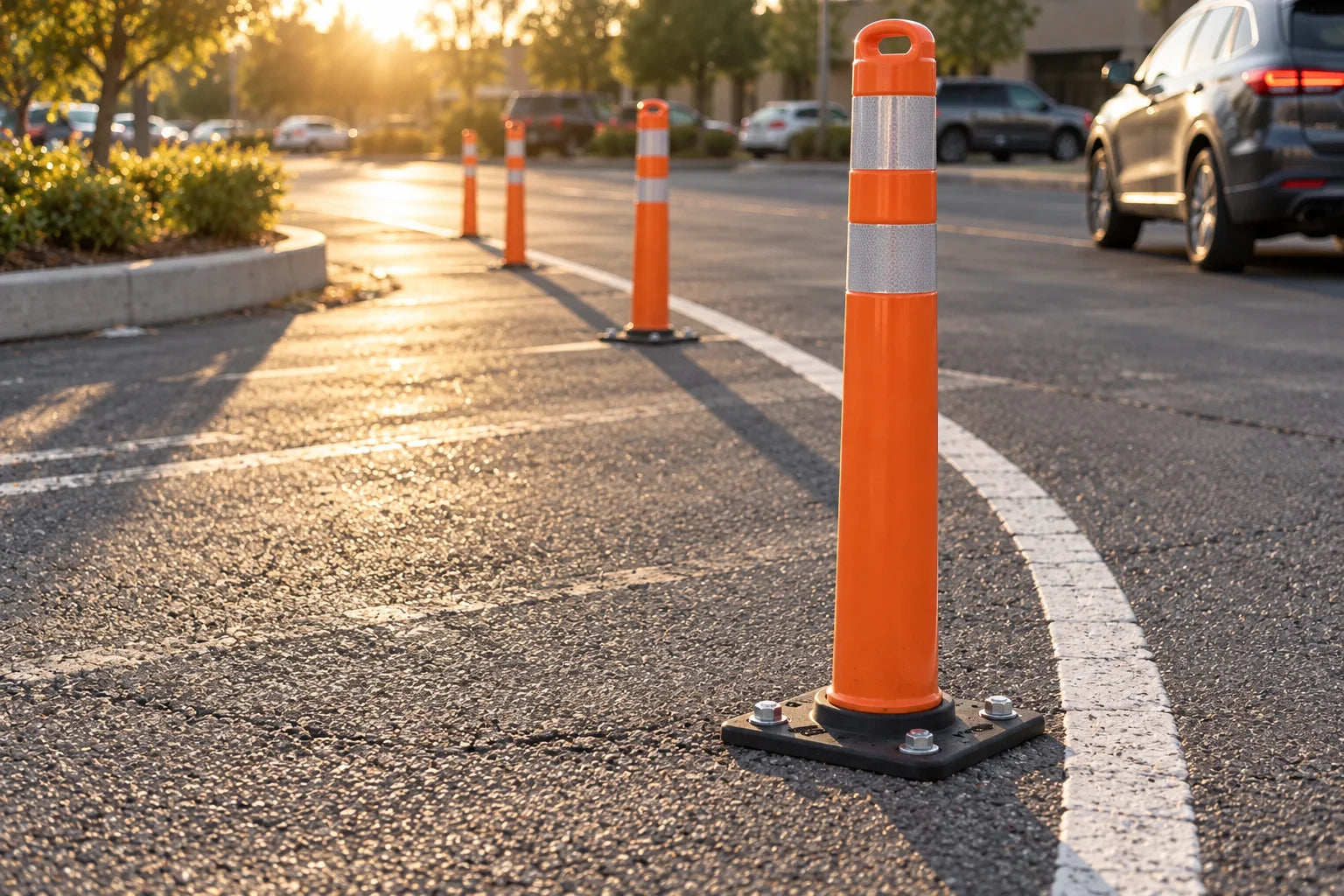 Orange traffic delineator secured to asphalt with visible anchor bolts
