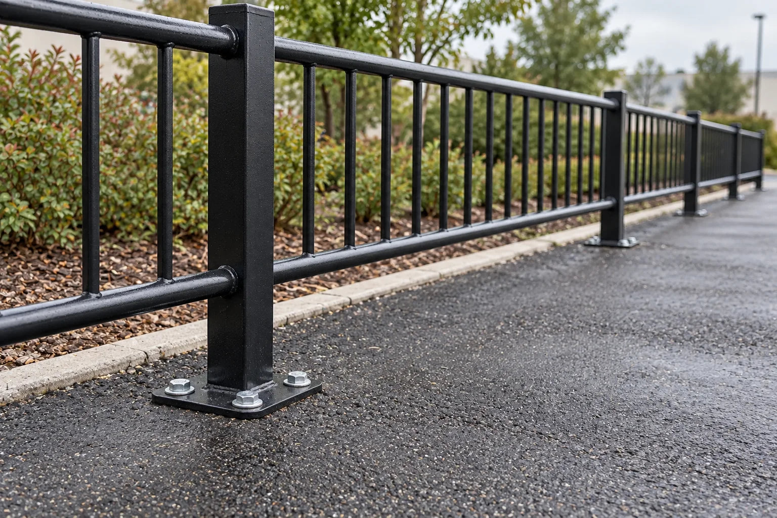 Black steel fence post secured to asphalt with four visible anchor bolts